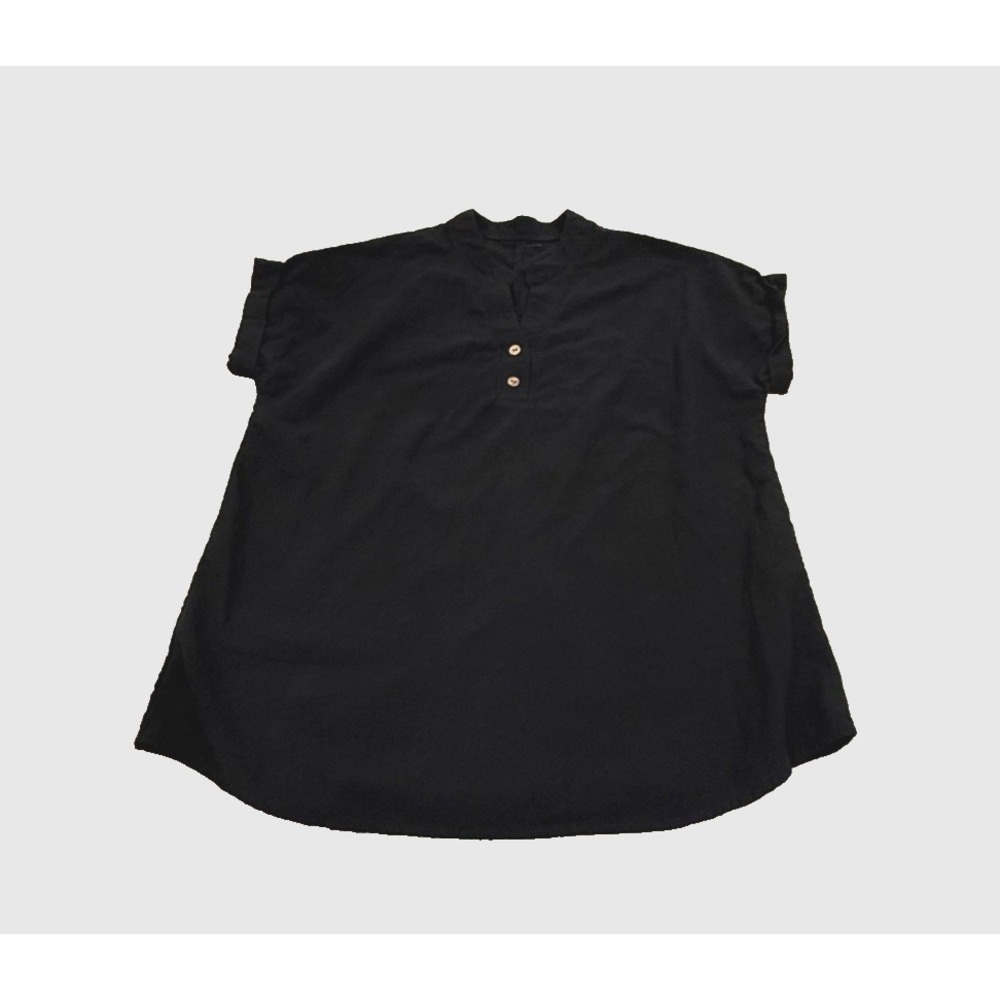 Women's Henley Short‎ Sleeve Blouse Black Wood Buttons ~ Size Large